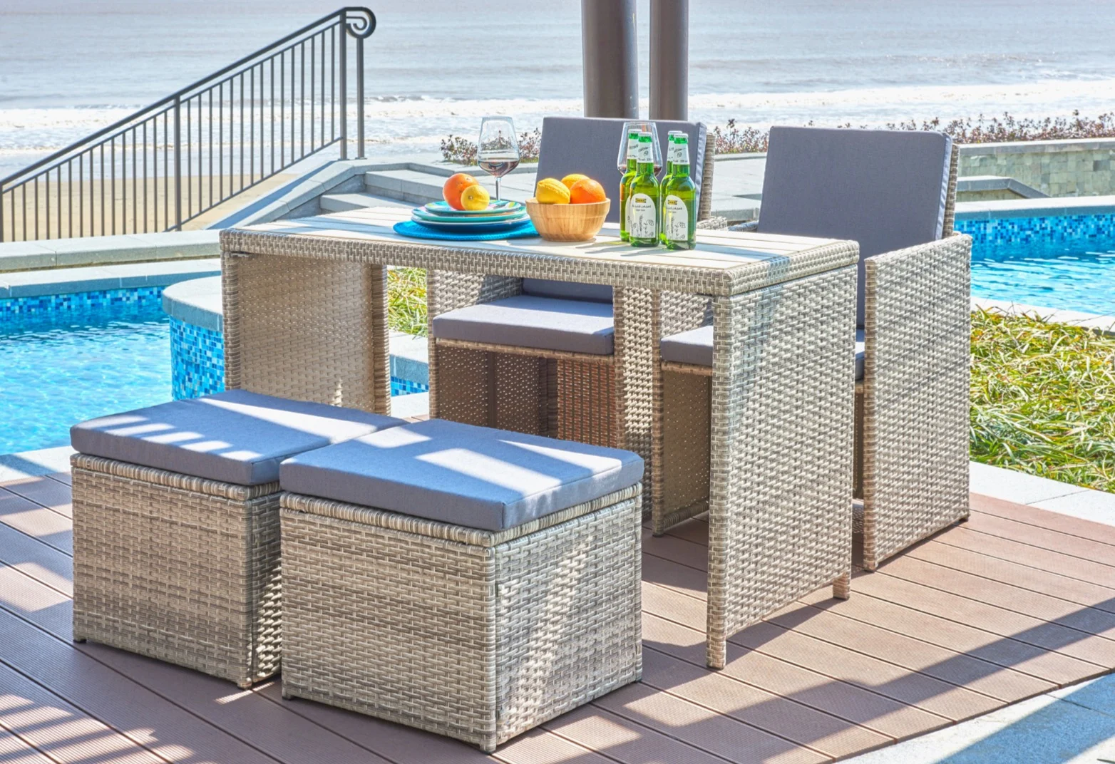 Möbilia Sitzgruppe 9-tlg. mit Tisch inkl. Kissen Polyrattan natur
