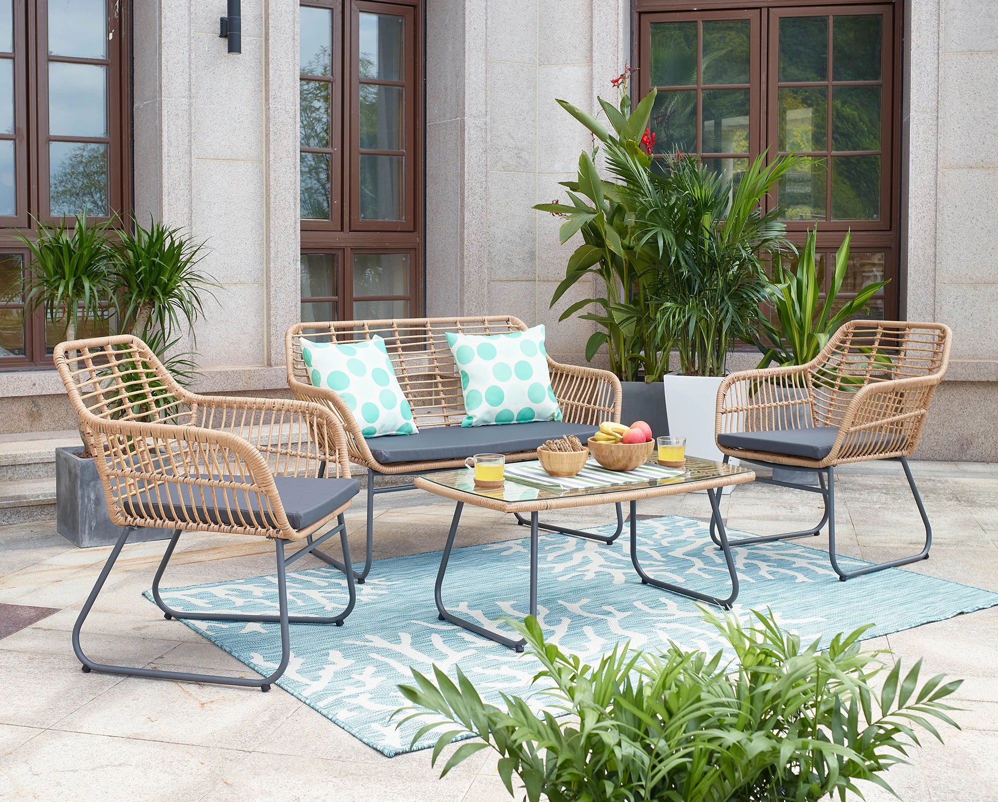 Möbilia Sitzgruppe + Couchtisch mit Glasplatte Rattan natur/schwarz