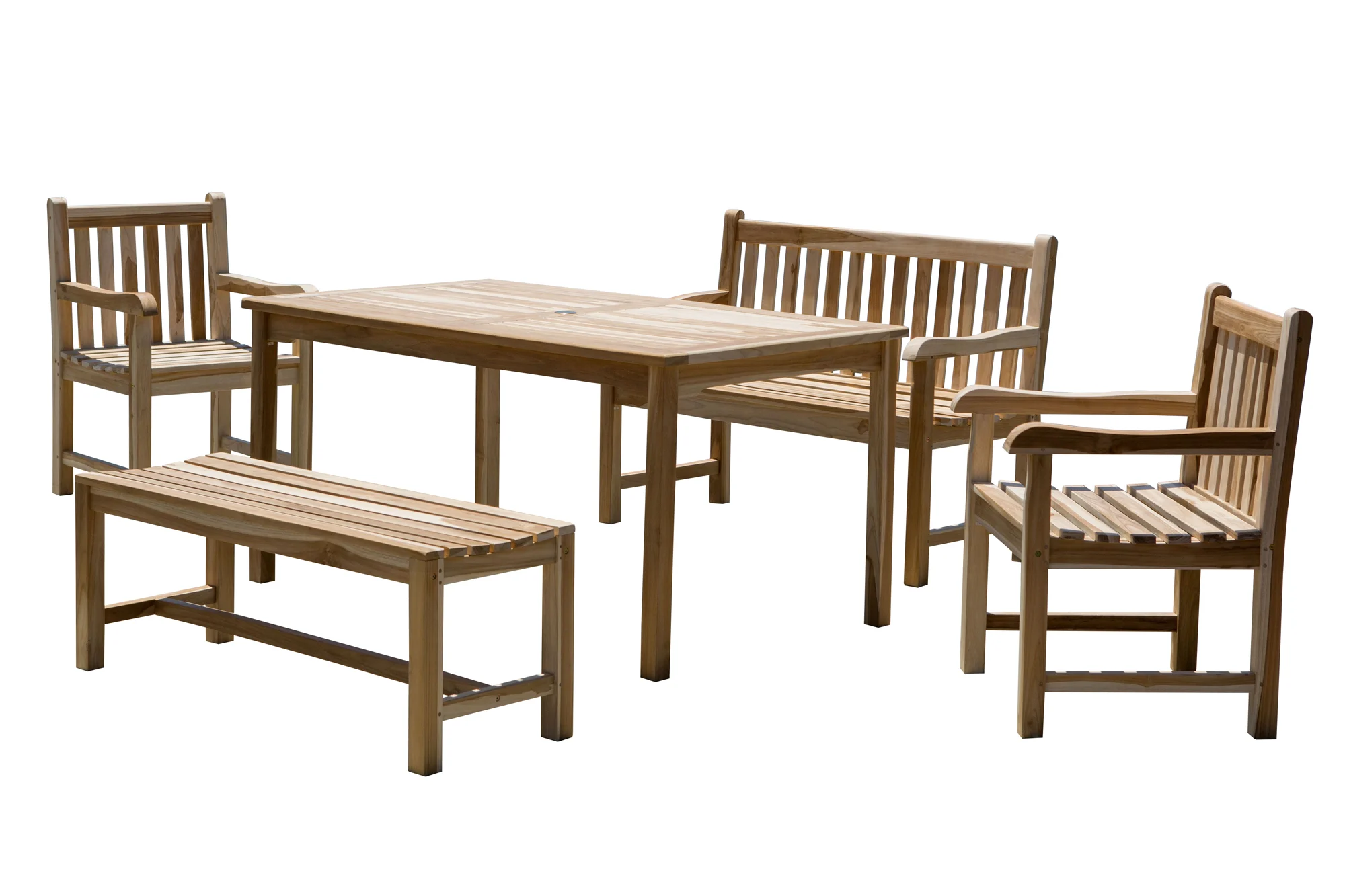 Möbilia Sitzgruppe 2 x Armlehnstühle + 1 Tisch + 2 x Bänke Teak natur
