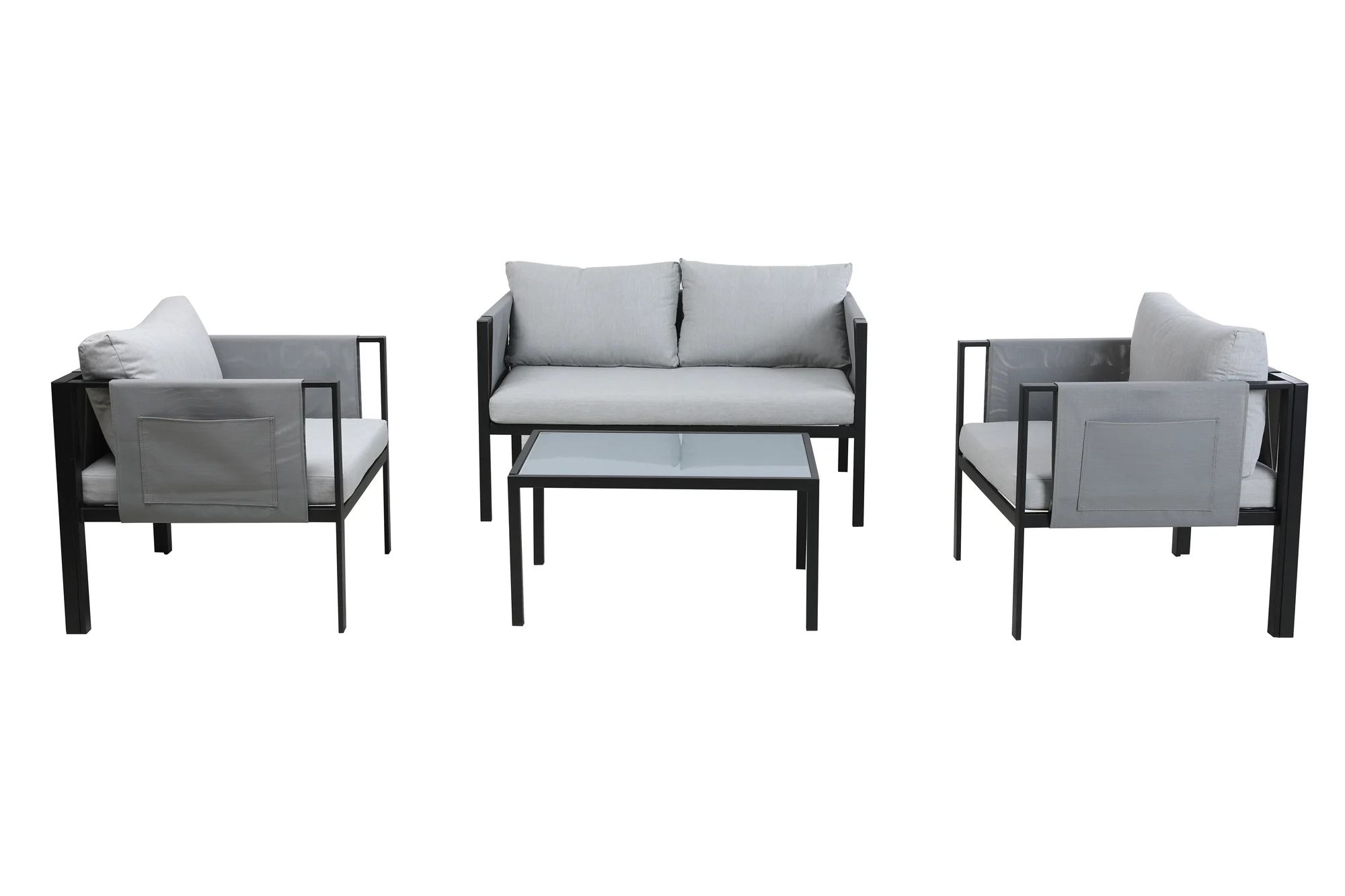 Möbilia Sitzgruppe 1 x 2-Sitzer + 2 x Sessel + 1 x Couchtisch Stahl/Olefin grau/schwarz