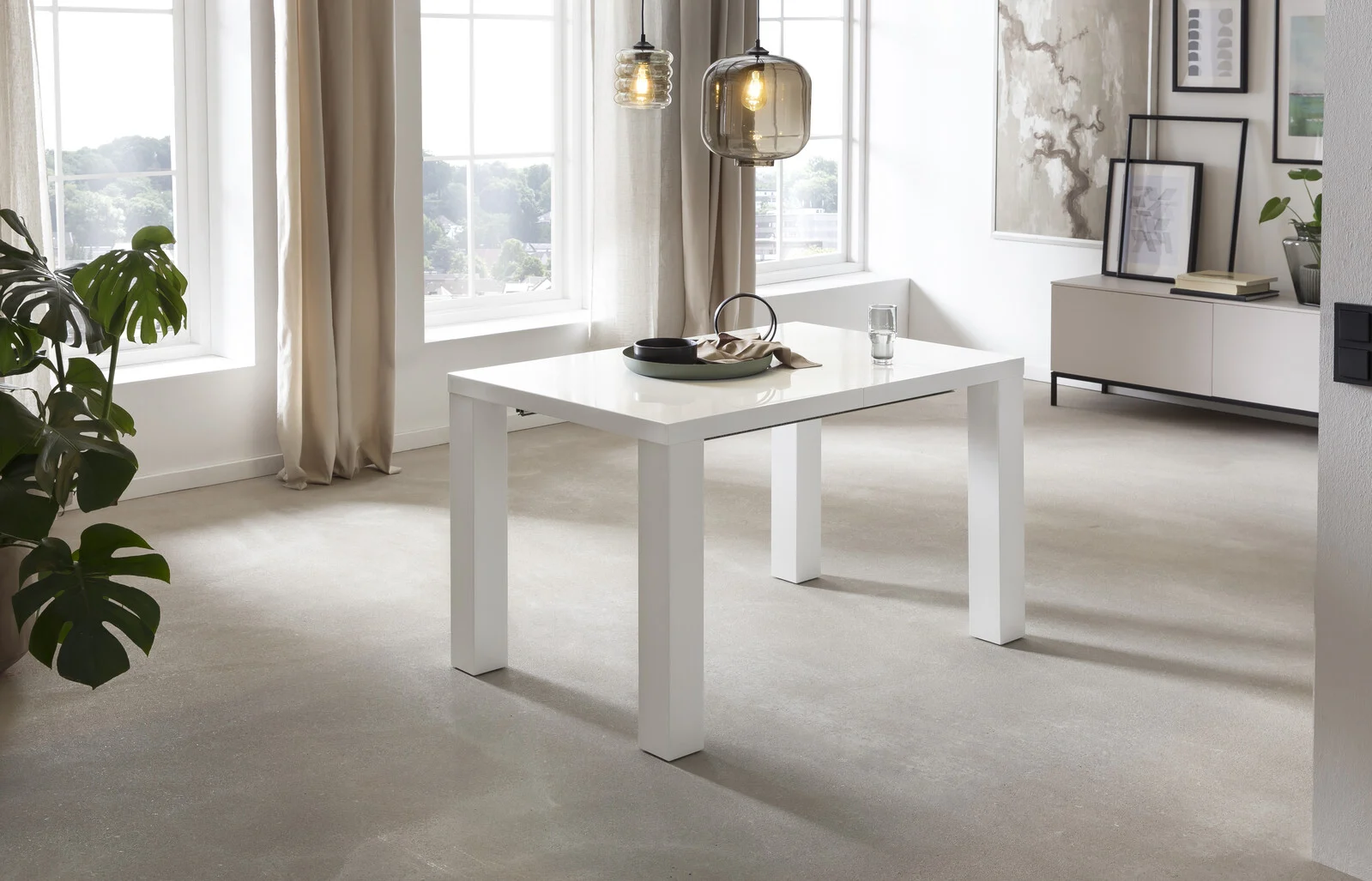 SalesFever Esstisch Holzwerkstoff hochglanz lackiert weiß ausziebar 120/240x80x76 cm