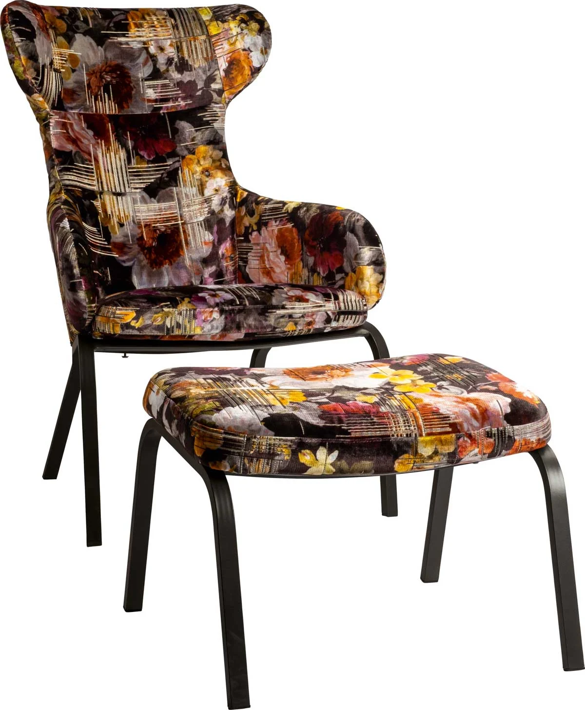 Stern Stan Set Ohrensessel/Fusshocker Aluminium schwarz matt mit Bezug Dessin Flower