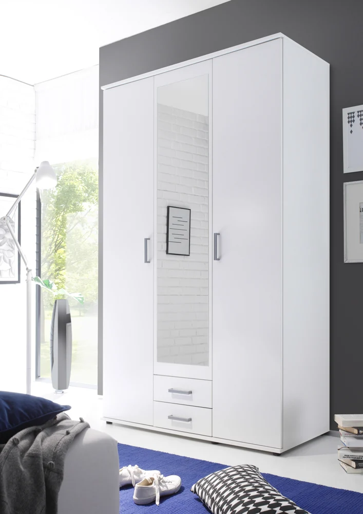 Pol Power Karl Kleiderschrank + Spiegel Holzwerkstoff Melamin 3 Türen 120x196x54 cm