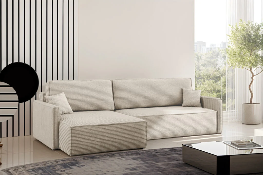 Schlafsofa Carlos, Ecksofa L-Form mit Schlaffunktion und Bettkasten Stoff Poso