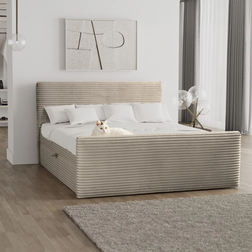 Boxspringbett mit Bettkasten und topper TRENTO stoff Plüsch Cord - Schrankbett