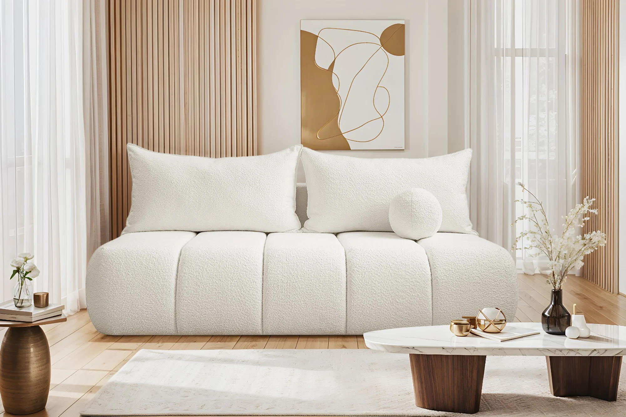Sofa mit Schlaffunktion und Bettkasten, Schlafsofa – Modell PIANO, Bouclé-Stoff