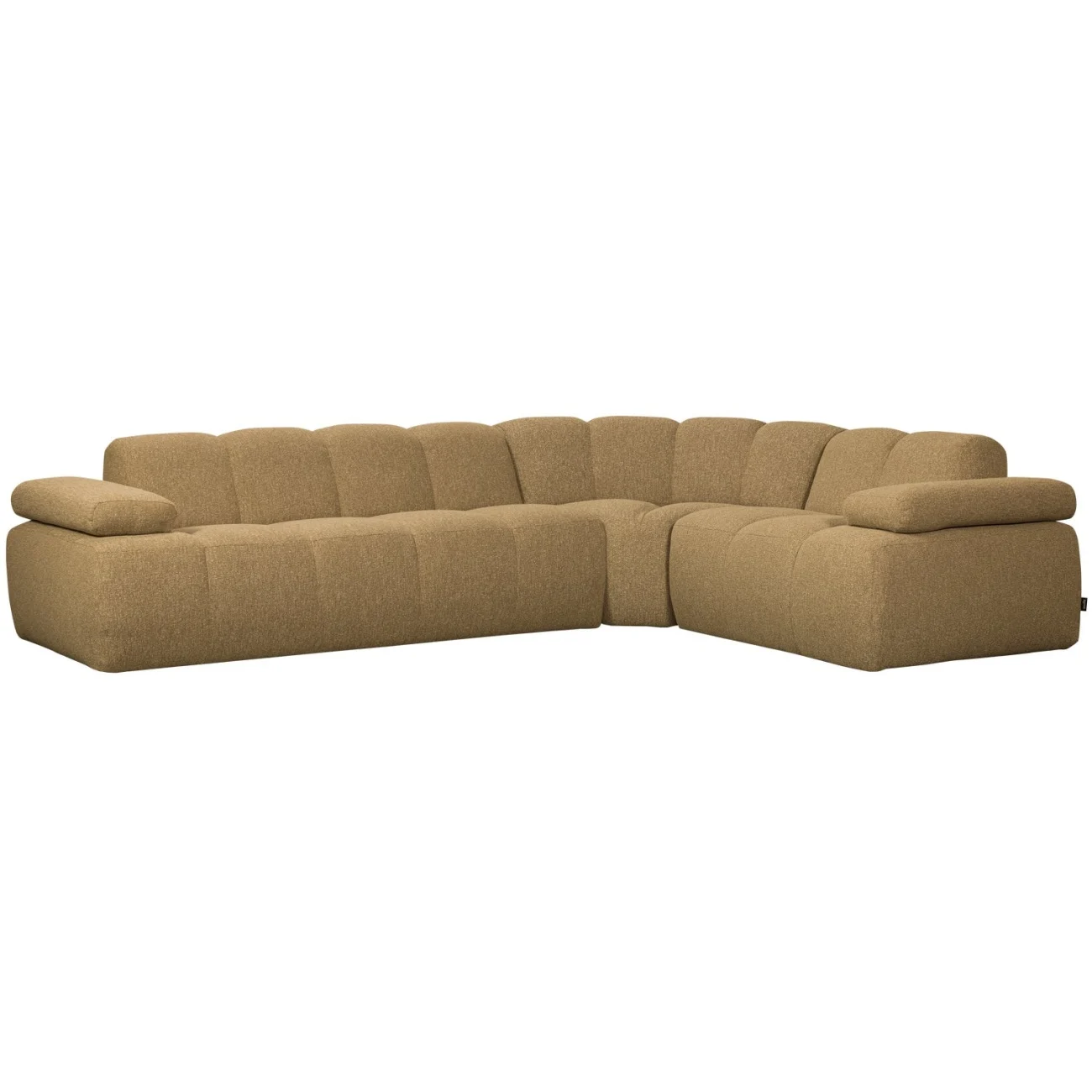 Ecksofa Mojo aus Boucle-Stoff, modern und flexibel, rechtsseitig, Gelb/Braun, verstellbare Armlehne