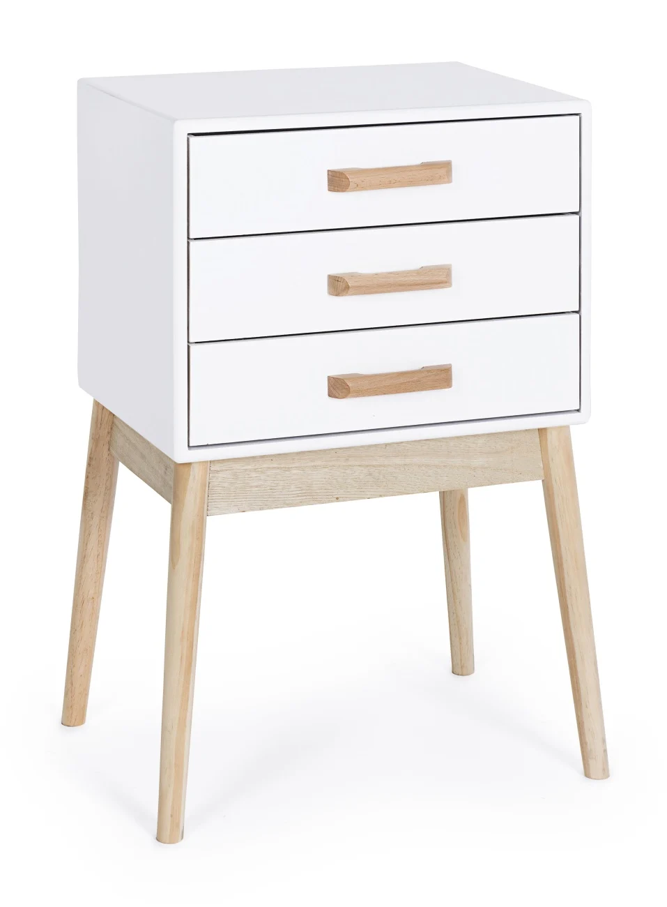 Kommode Ordinary aus Kiefernholz, skandinavisches Design, Weiß, 3 Schubladen, naturfarbene Beine - Bizzotto