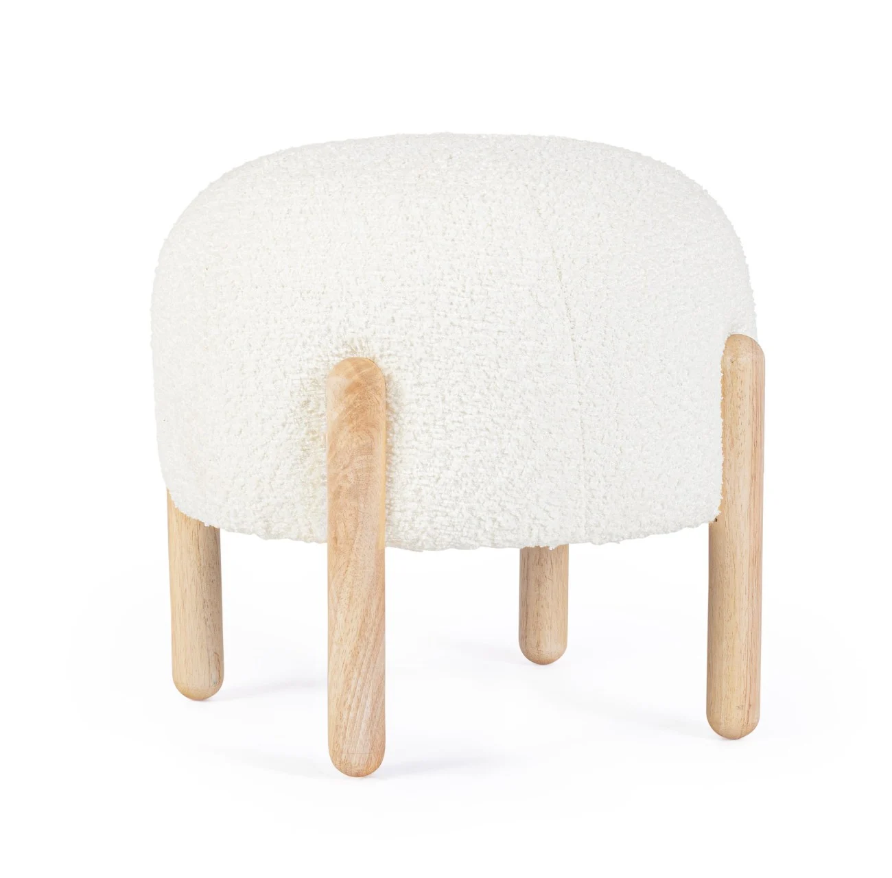 Hocker Dayla Boucle-Stoff, modern skandinavisch, weiß, rundes Design, Kautschukholz-Gestell