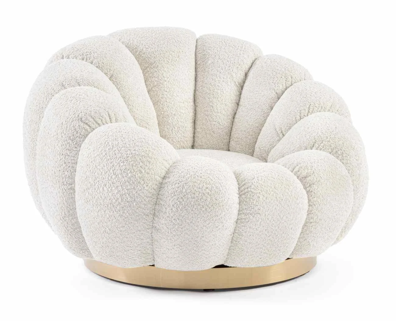 Drehsessel Florel aus Boucle-Stoff, modernes Design, Natur, goldfarbenes Mittelfußgestell, gepolstert
