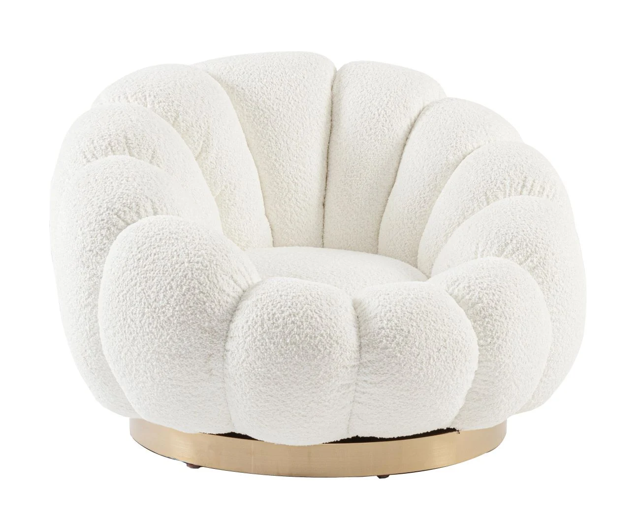 Drehsessel Florel aus Boucle-Stoff, modern, weiß, komfortabel gepolstert mit goldfarbenem Mittelfuß