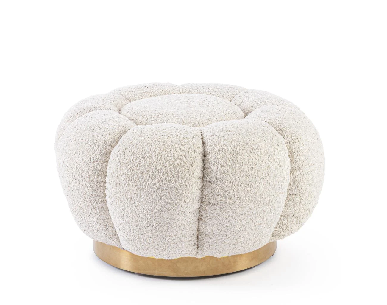 Pouf Florel aus Boucle-Stoff, modern und rund, Natur, gepolstert, goldener Mittelfuß