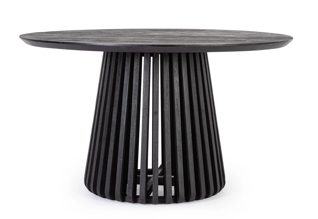 Esstisch Odion aus Mangoholz, modern rund mit Mittelfuß, schwarz, für 3-4 Personen