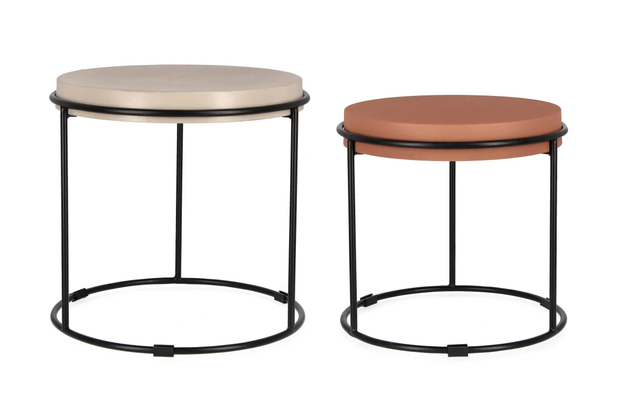 Beistelltisch Ketaki 2er-Set aus Metall, modern, Beige/Hellbraun, rundes Design, Indoor