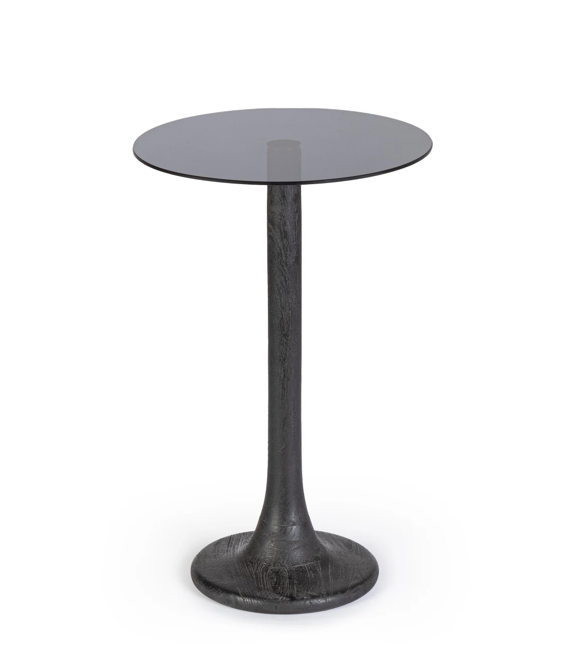 Beistelltisch Aberdeen aus Mangoholz, rundes Design, Schwarz mit rauchfarbener Glasplatte - Bizzotto