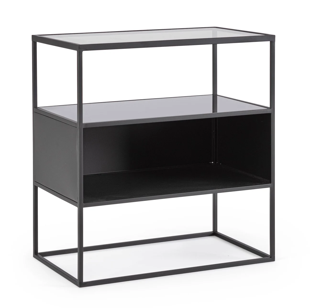 Nachttisch Hydra aus Metall, modern, pulverbeschichtet, schwarz, mit Glasablage und zwei Fächern - Bizzotto