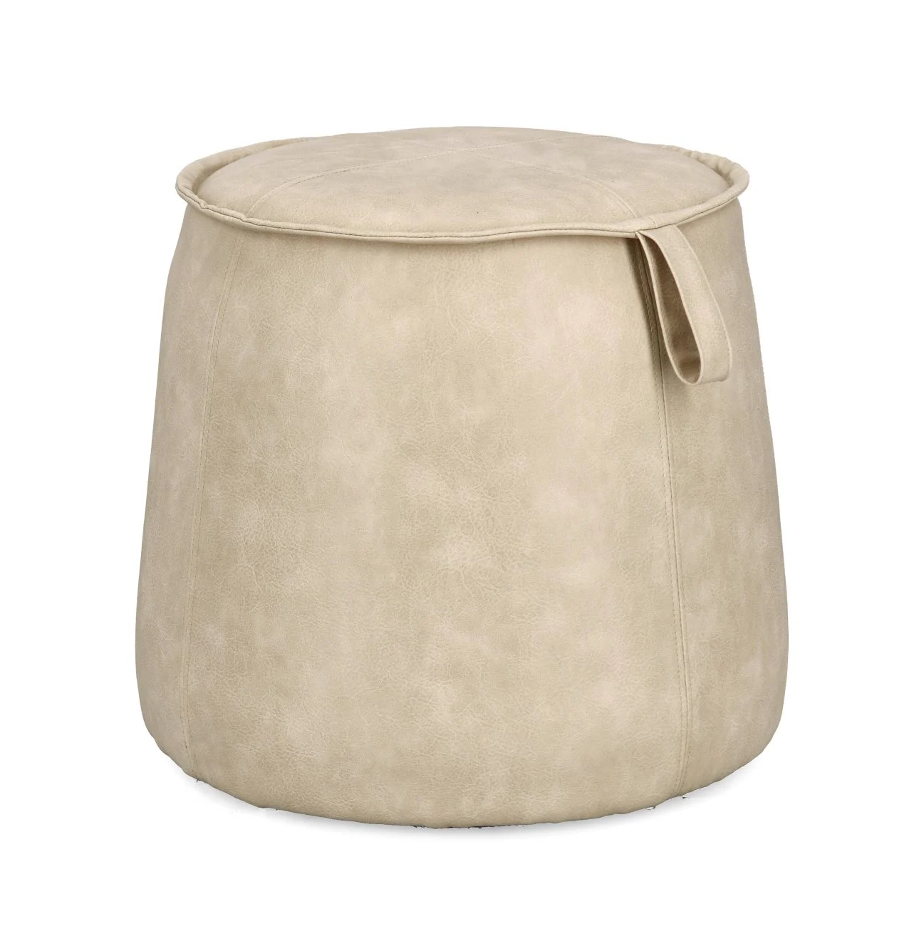 Pouf Rudina aus Kunstleder, klassisch gepolstert, rund, Beige, dekorative Schlaufe - Bizzotto