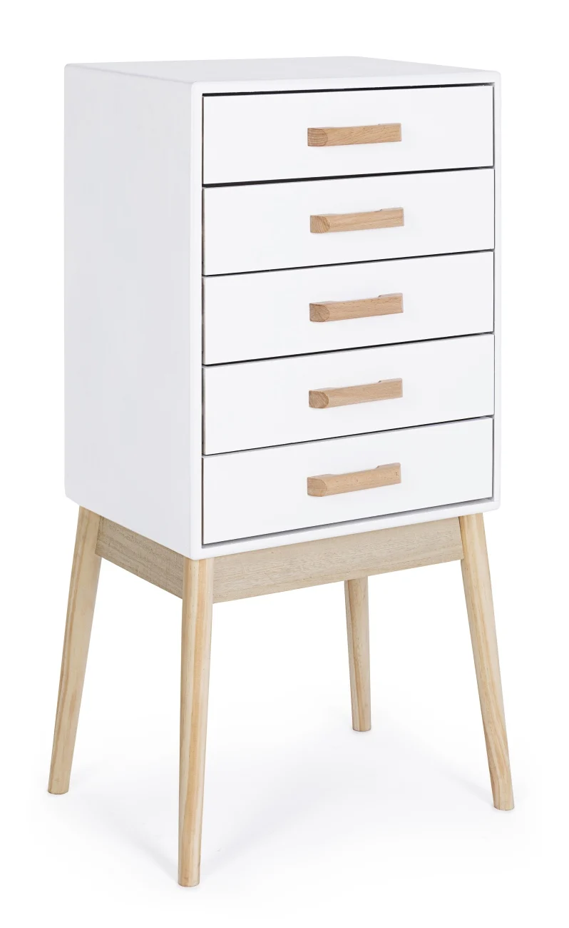 Kommode Ordinary aus Kiefernholz, moderner Stauraum mit 5 Schubladen, weiß, naturfarbene Beine - Bizzotto