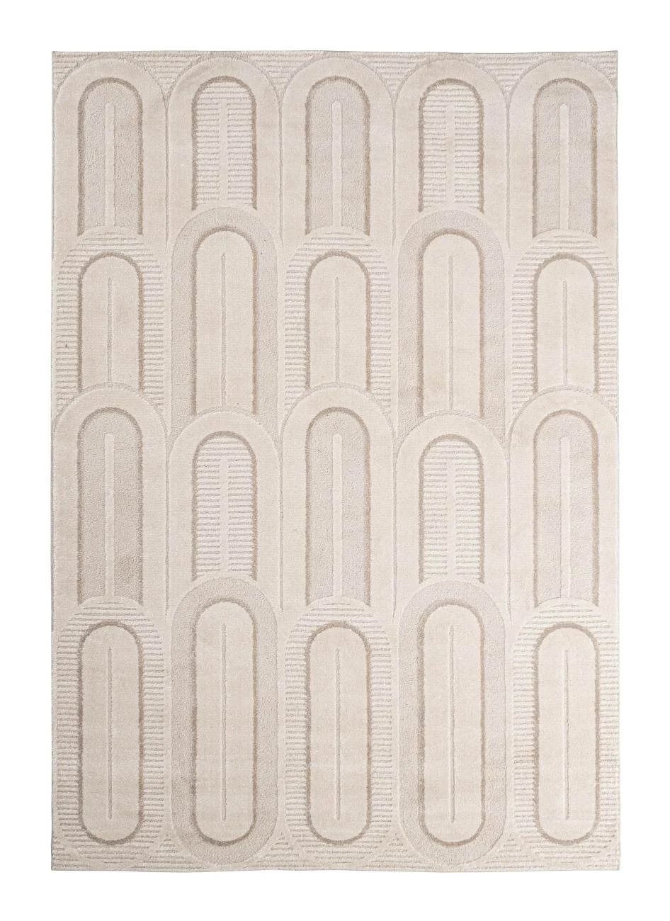 Teppich Zina aus Stoff, 3D-Optik Boho skandinavisch, creme grau, 200x290 cm, weicher Flor