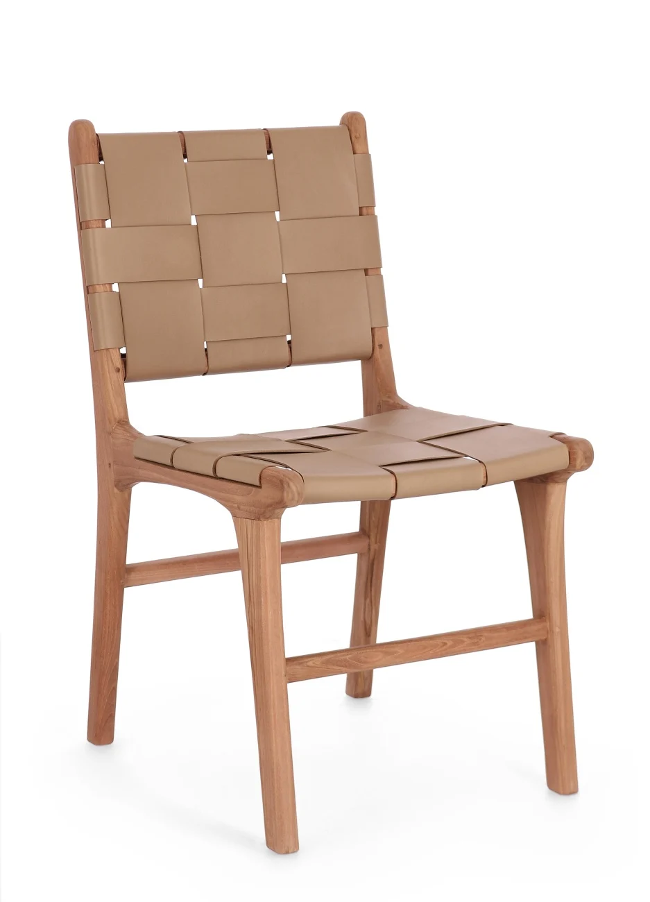 Esszimmerstuhl Joanna aus Teakholz und Leder, skandinavischer Stil, Taupe, bequemes Design - Bizzotto