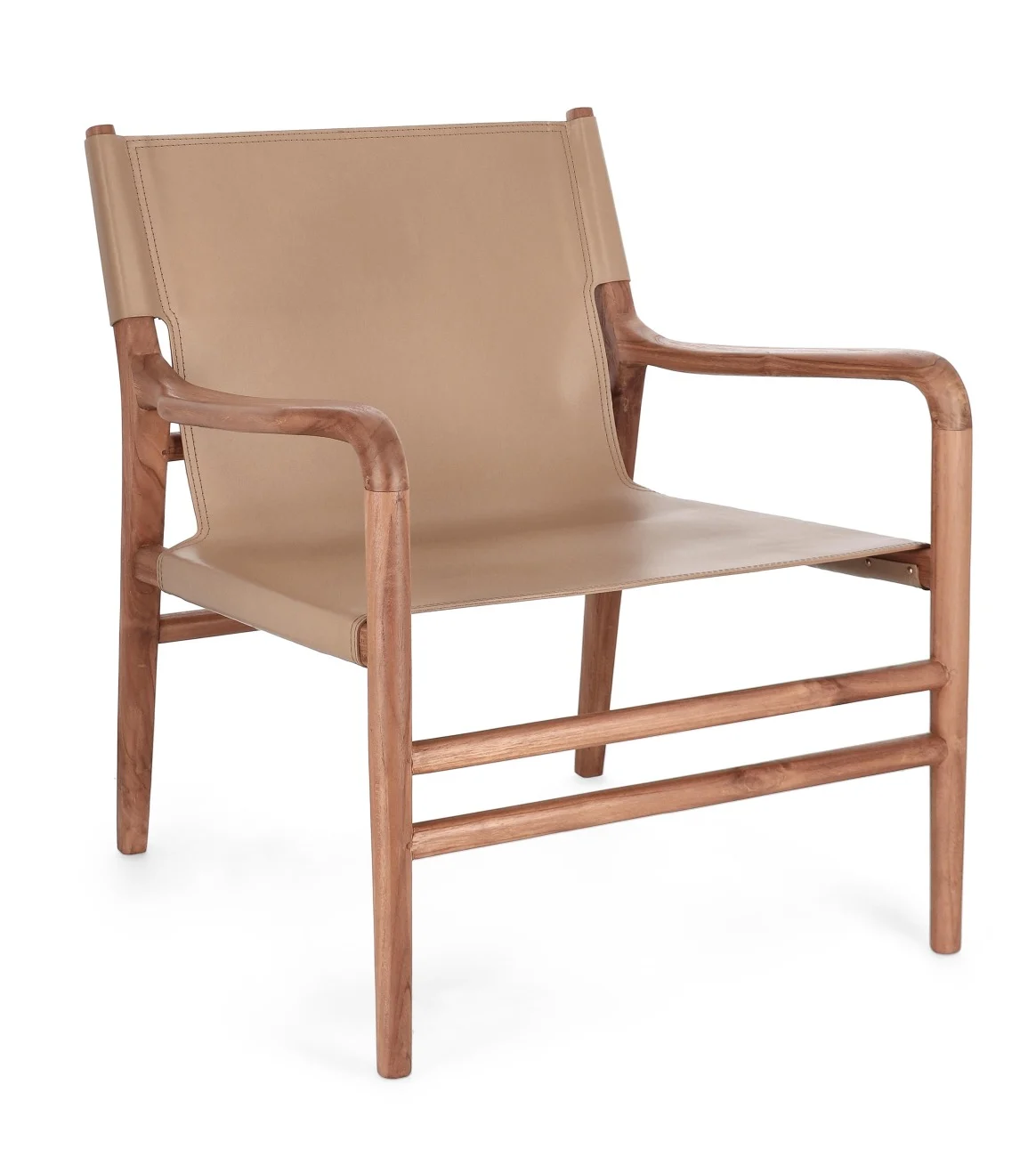 Sessel Caroline aus Teakholz und Leder, skandinavischer Stil, Taupe, naturfarbenes Gestell - Bizzotto