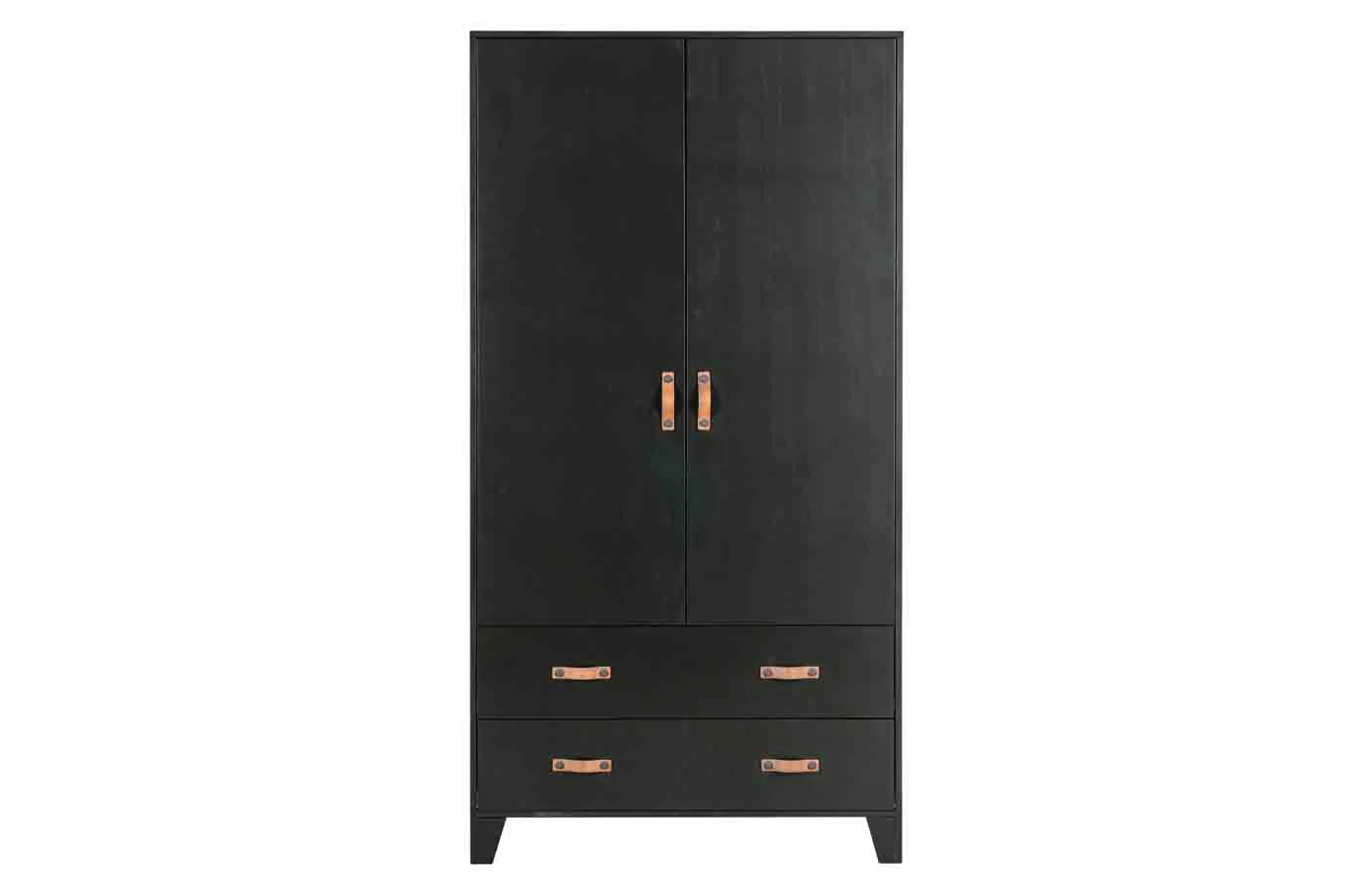 Kleiderschrank Dian aus Kiefer, modern, schwarz lackiert, mit Ledergriffen und viel Stauraum - Woood