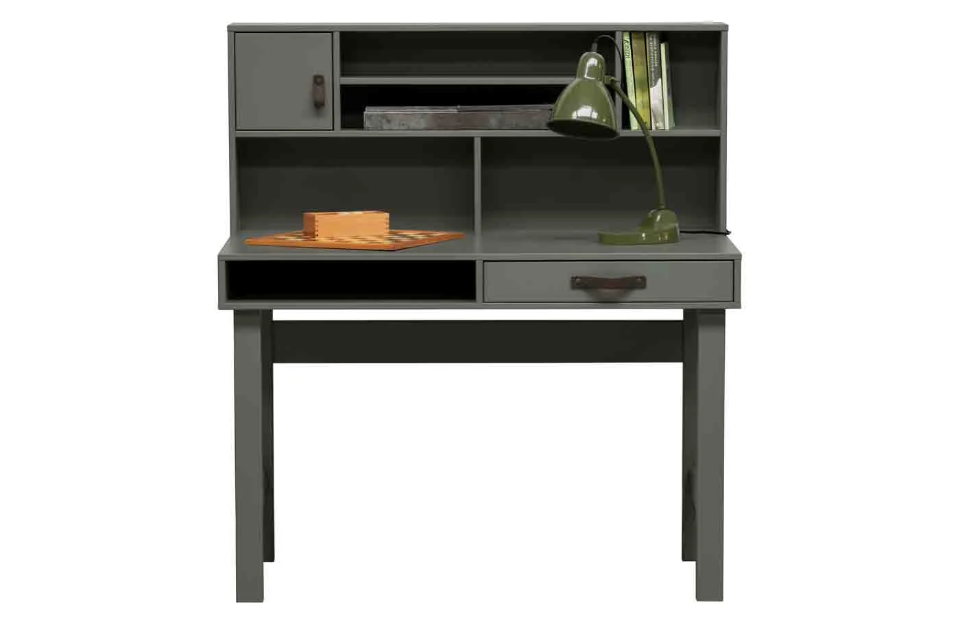 Schreibtisch Stage aus Kiefernholz, modern, FSC-zertifiziert, grün lackiert, mit Ledergriff