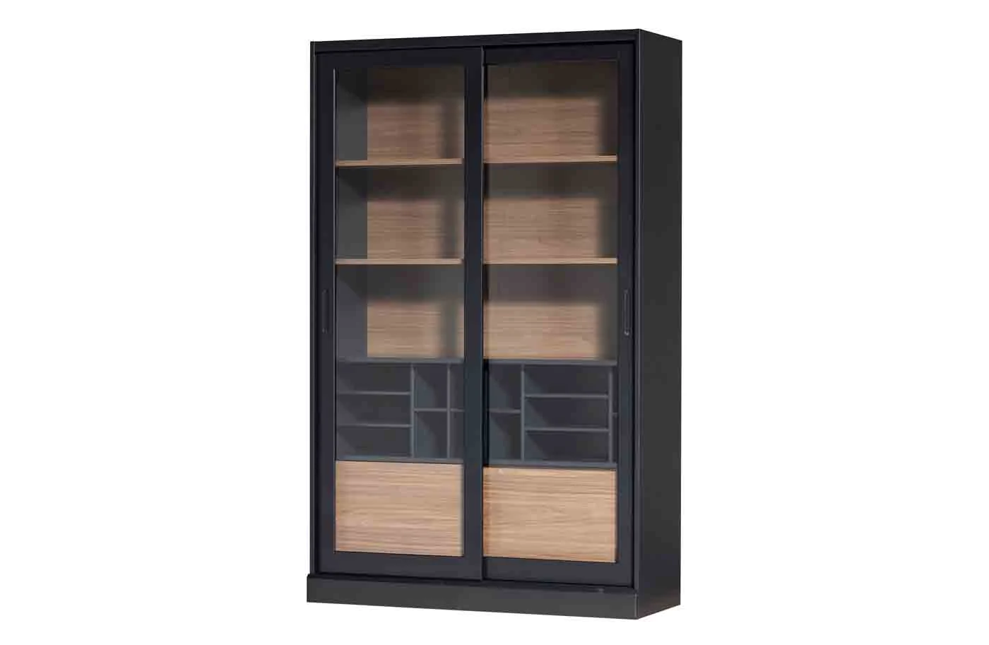 Vitrine aus Kiefernholz, modern mit Schiebetüren, schwarz und walnussfarben, Glasfront - Woood