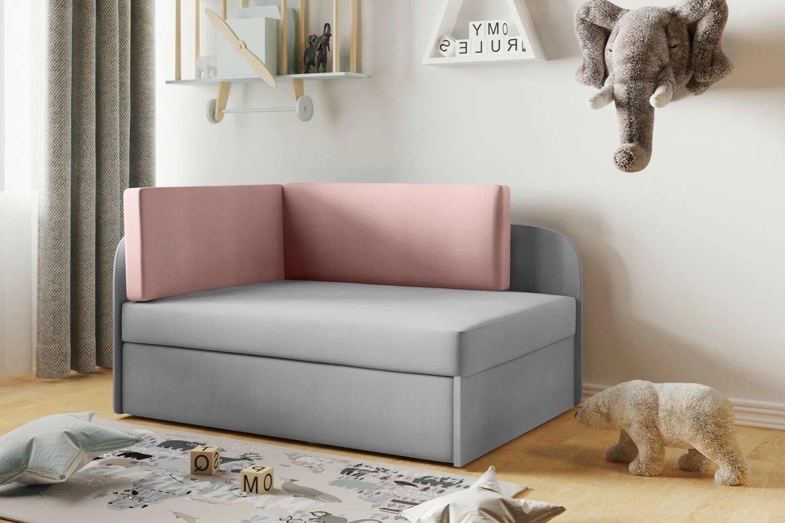 Kinderbett Kindersofa mit Schlaffunktion und Bettkasten, wachsendes Bett WINNIE Rosa-Grau