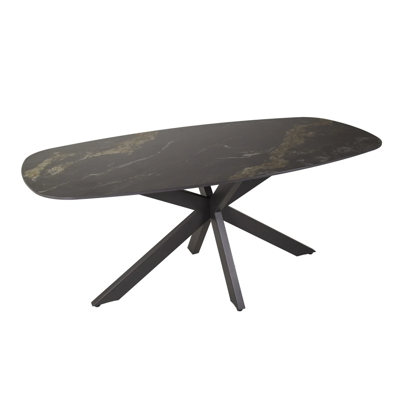 Esstisch Oval Keramik, modernes Naturstein-Design, dunkelgrau-gold marmoriert, 180 x 90 cm