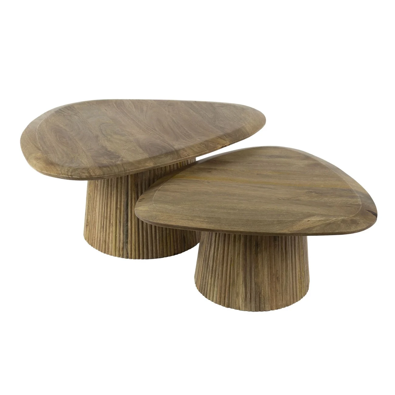 Couchtisch 2er-Set Vagula aus Mangoholz, organisches Wellenmuster, dreieckig, natur