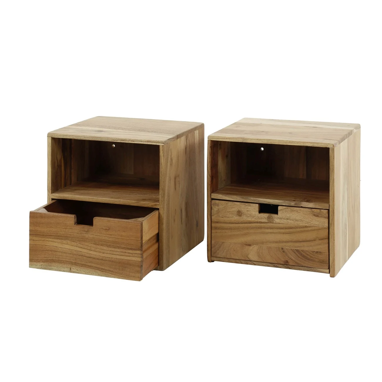 Nachttisch Qidero 2er-Set Akazienholz massiv, modern, Natur, mit Schublade und offenem Fach