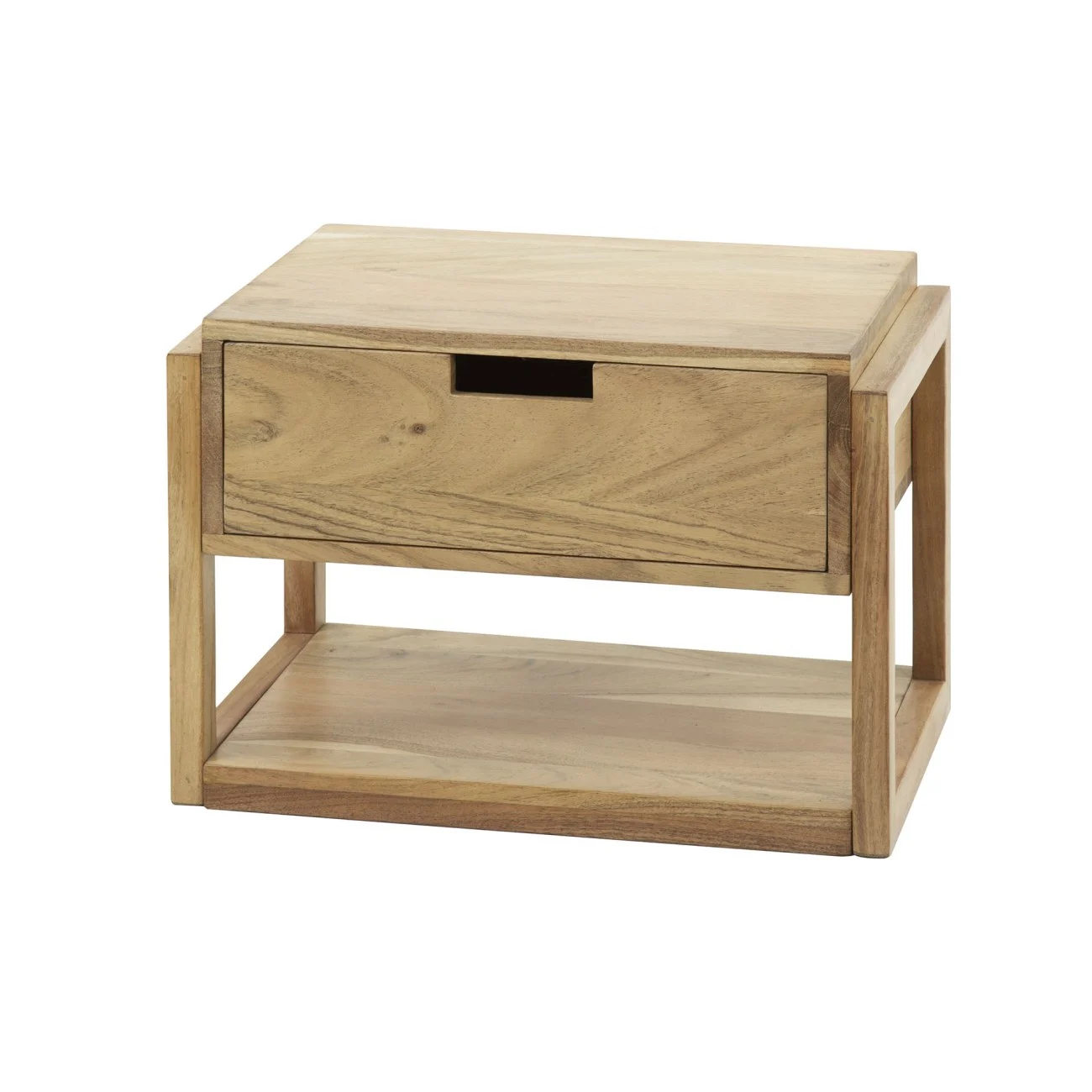 Nachttisch Akazie massiv, modern schwebend mit Schublade und offenem Fach, natur - Feeling4Home