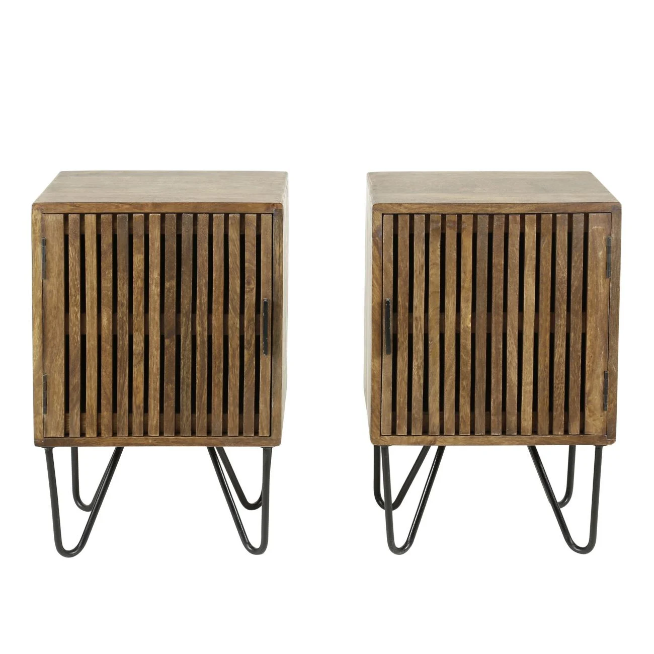 Nachttisch 2er-Set Mangoholz massiv, modern mit Lamellen-Design, Braun, schwarze Metallbeine