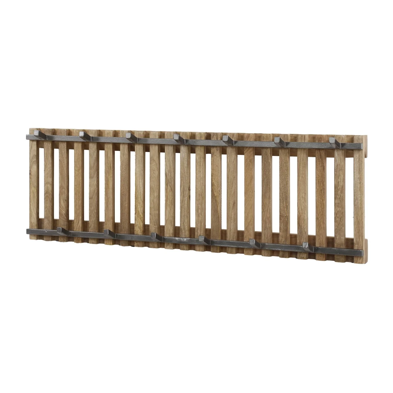 Garderobe Tamil Mangoholz massiv, modernes Latten-Design, braun, 13 Haken, Wandmontage