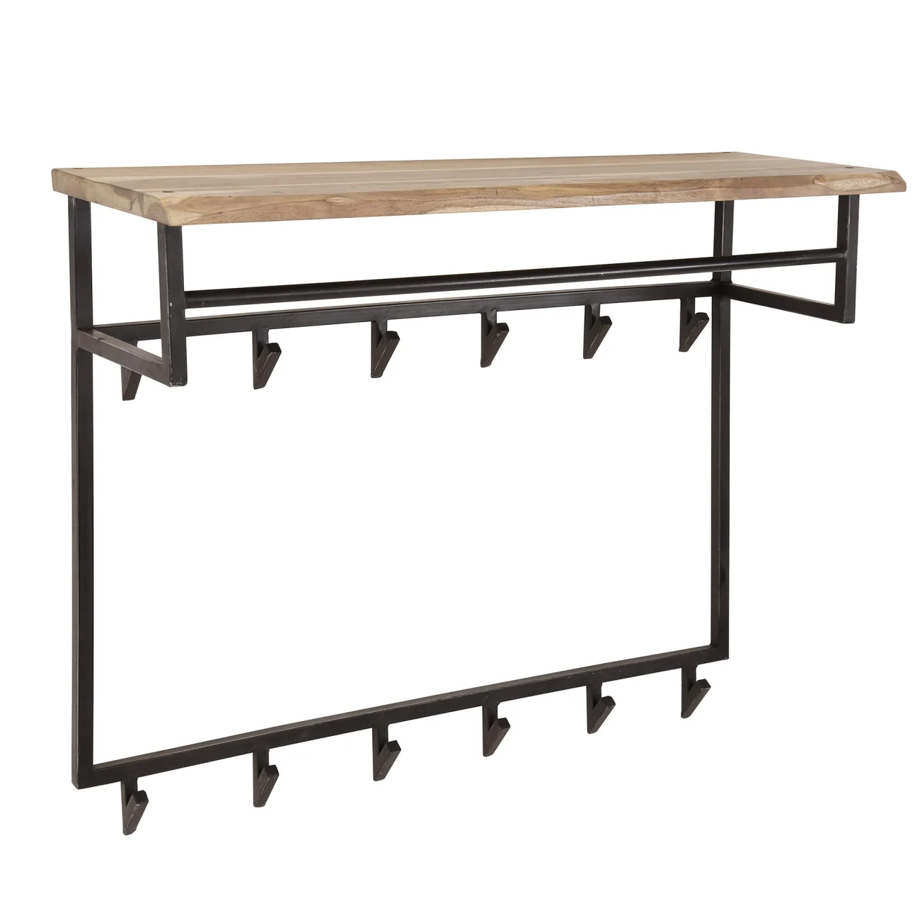 Garderobe Bord aus Akazie massiv, modern industriell, Natur, mit Hutablage, 12 Haken, Stange - Feeling4Home