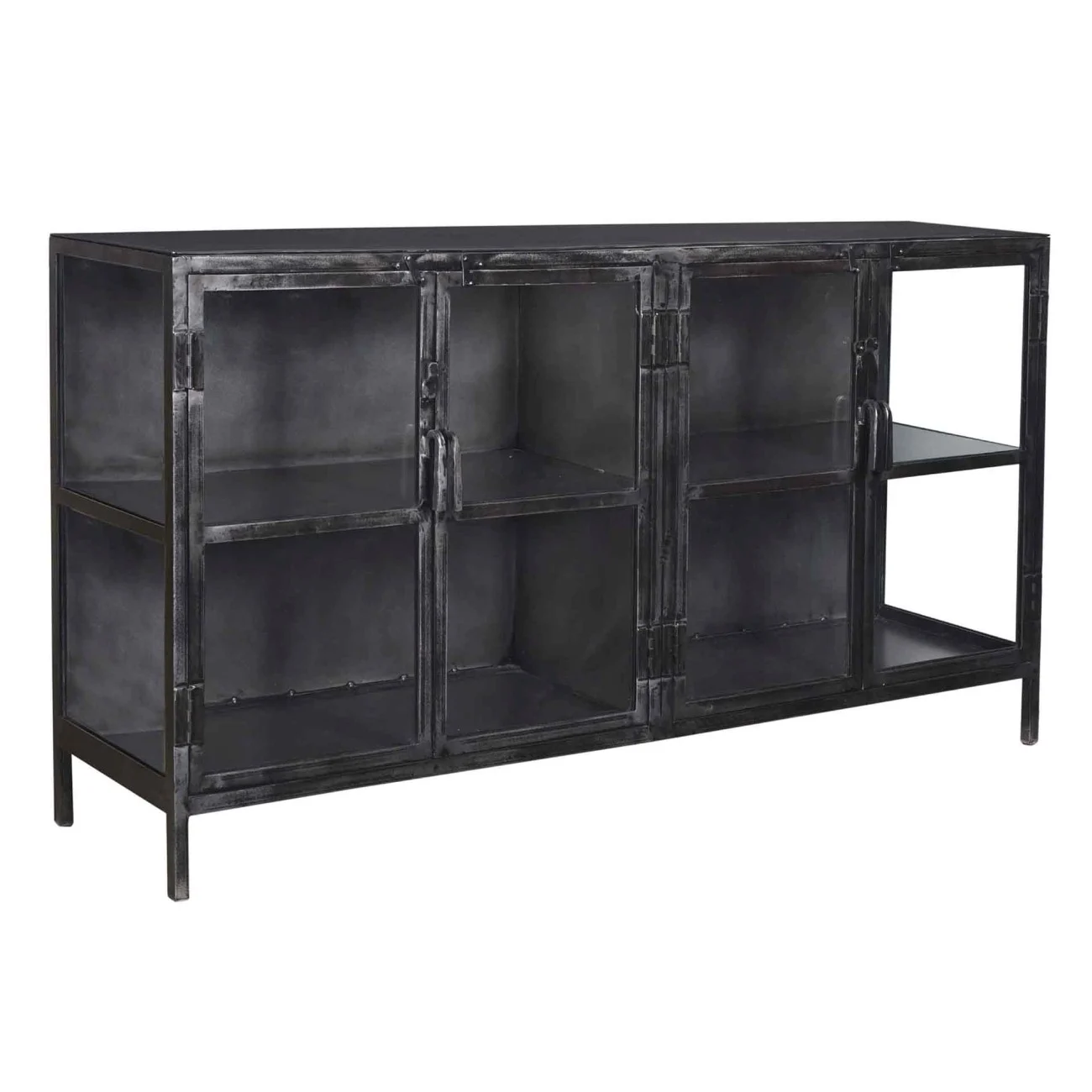 Sideboard Cheol Metall geschliffen, Industrial Design mit Glastüren, Dunkelgrau, 180 cm - Feeling4Home