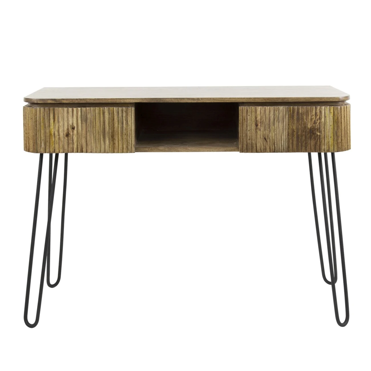 Konsole Vagula aus Mangoholz, modernes Wellendesign, naturbraun, 2 Schubladen, 110 cm - Feeling4Home