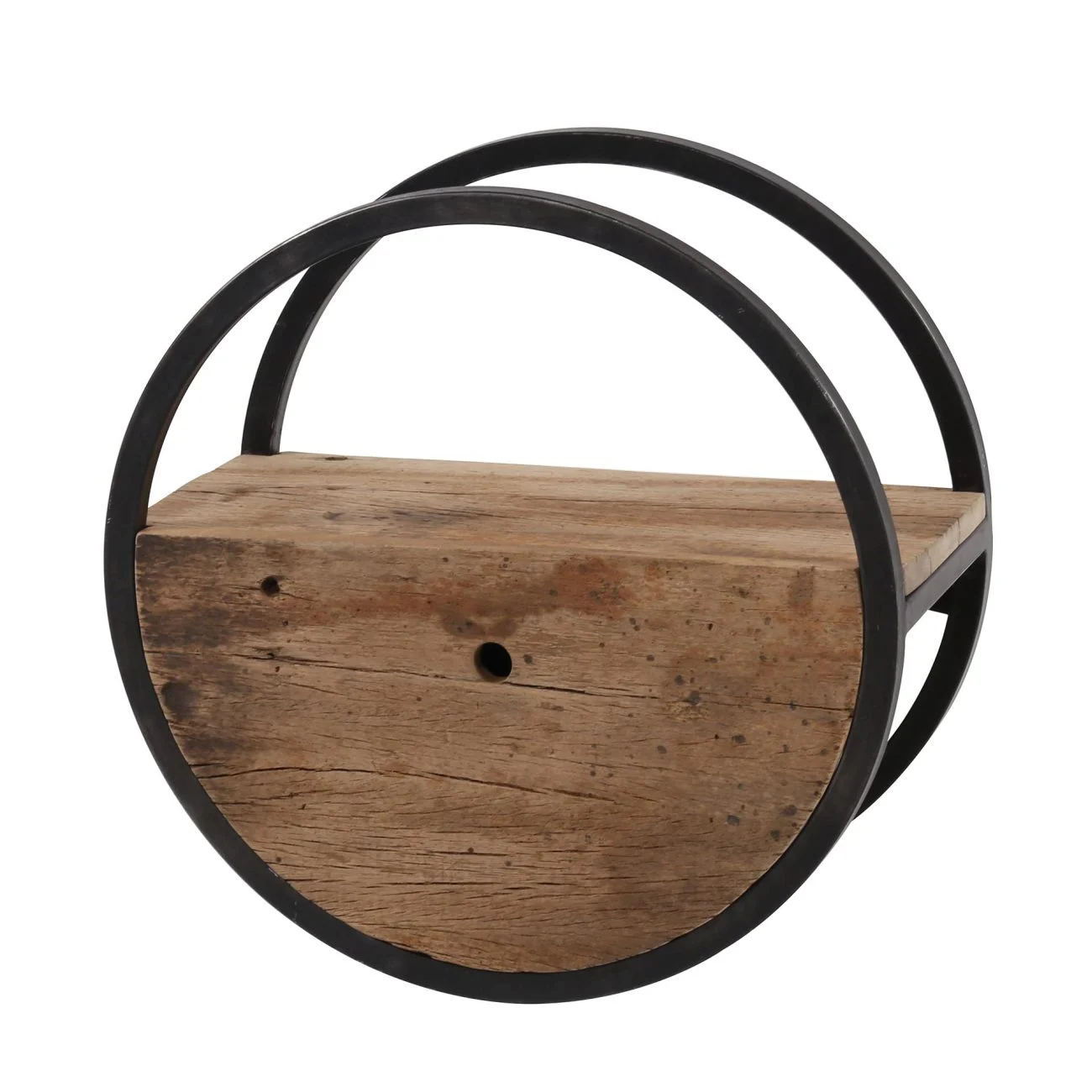 Wandregal Ronde aus massivem recyceltem Hartholz, modern rustikal, Natur, mit Schublade Ø 50 cm - Feeling4Home