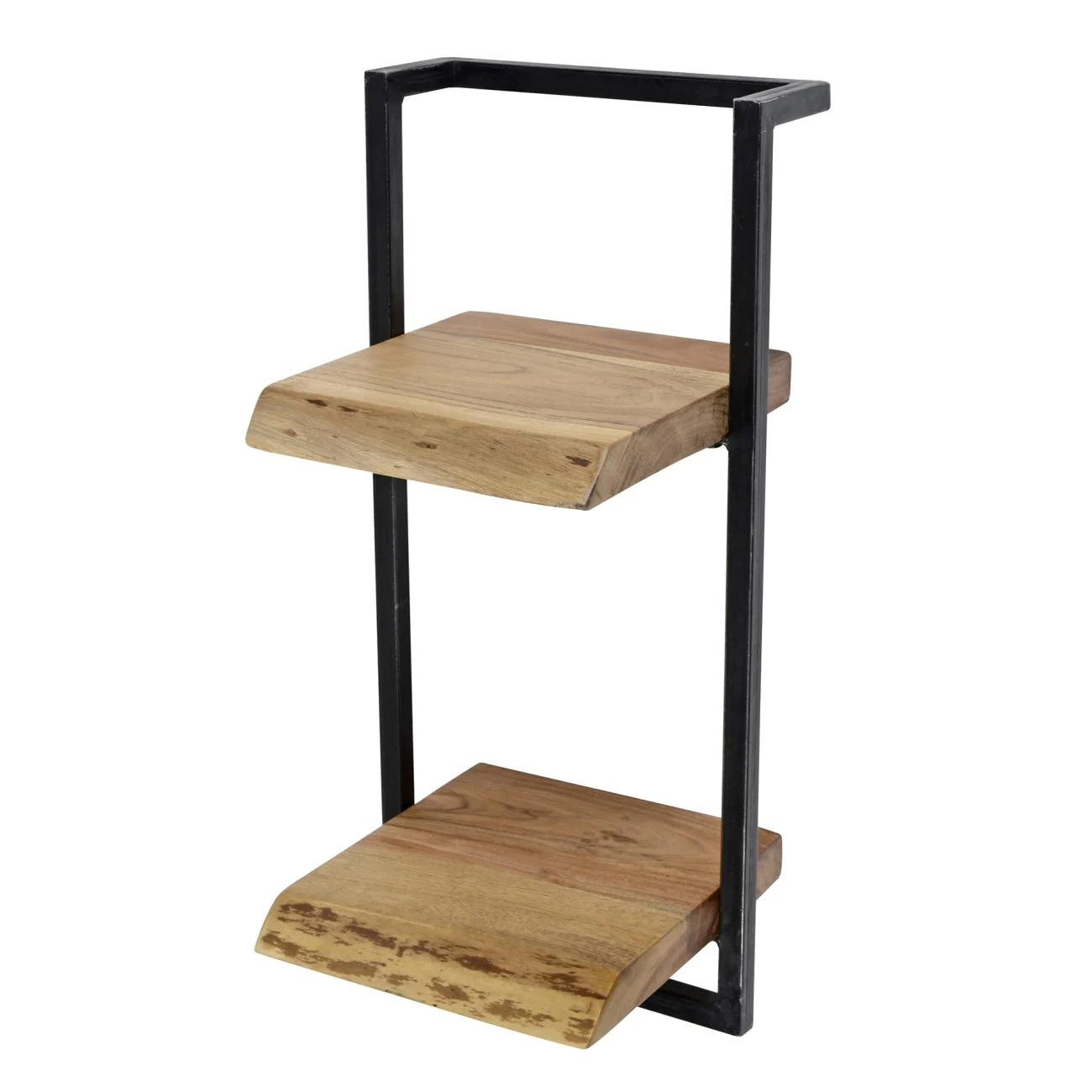 Wandregal Akazie massiv, Industrial Design mit Baumkante, Metallrahmen schwarz, 2 Ablagen - Feeling4Home