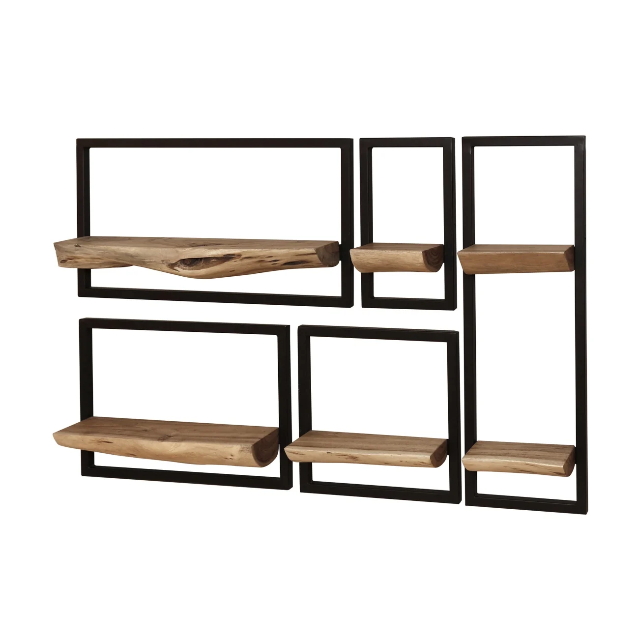 Wandregal Bordna Akazie massiv, Industrial Design mit Metallrahmen, Natur, 5er-Set, 6 Ablagen