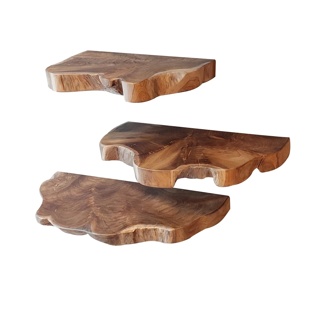 Wandregal Kamelia Teakholz massiv mit Baumkante, modern, Natur Braun, 3er-Set, Unikat