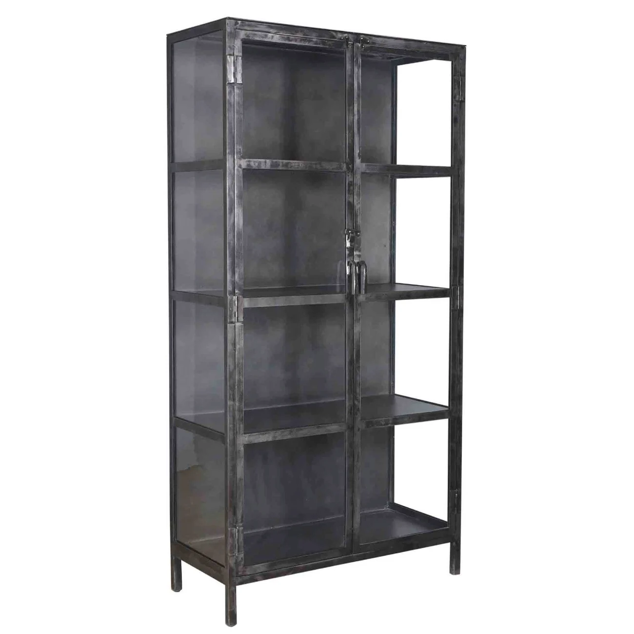Vitrine Cheol geschliffenes Metall, Industrial Design, Dunkelgrau mit 2 Glastüren, 90x40x190 cm - Feeling4Home