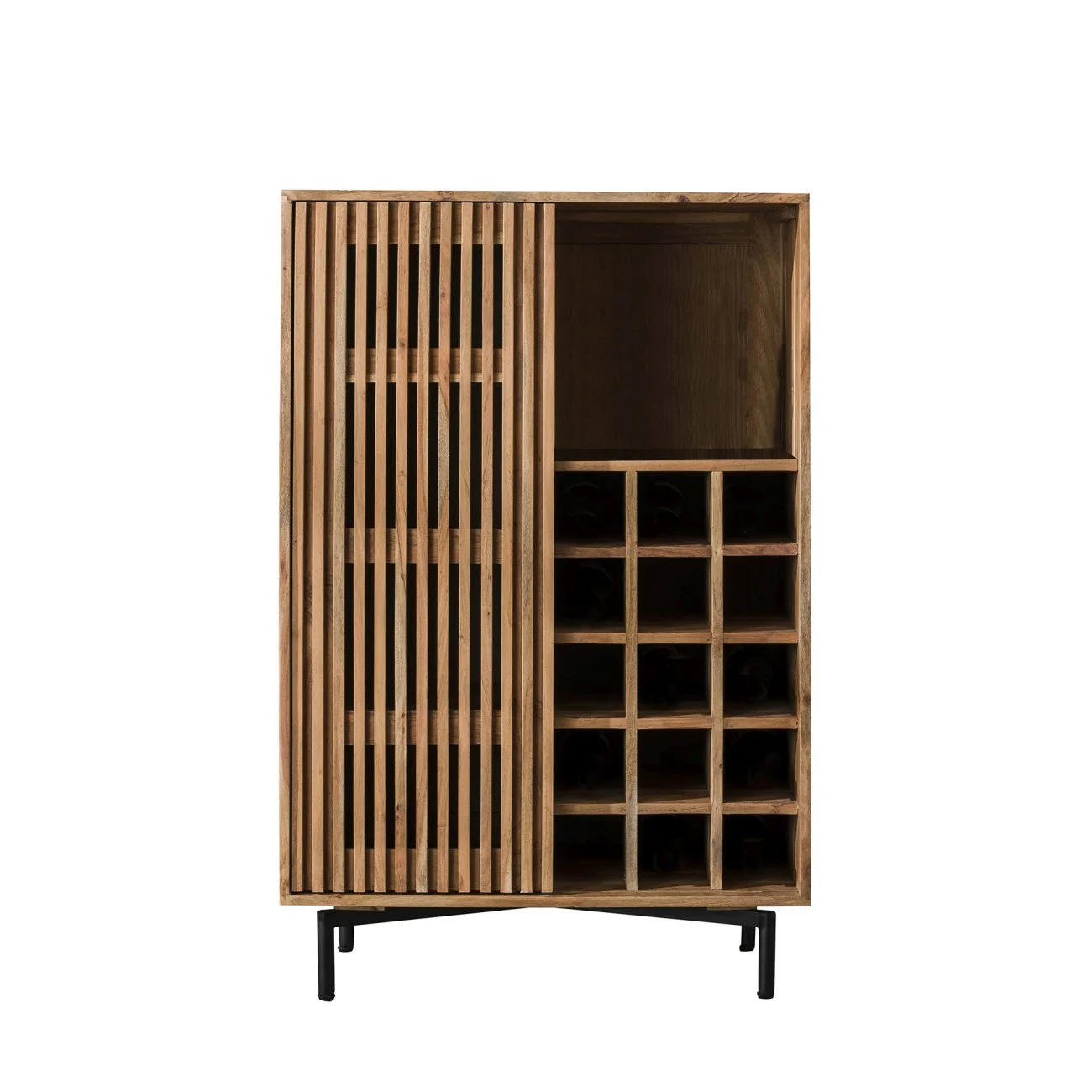 Weinschrank Fovale aus massivem Akazienholz, modernes Lamellen-Design, Natur, mit Schiebetür