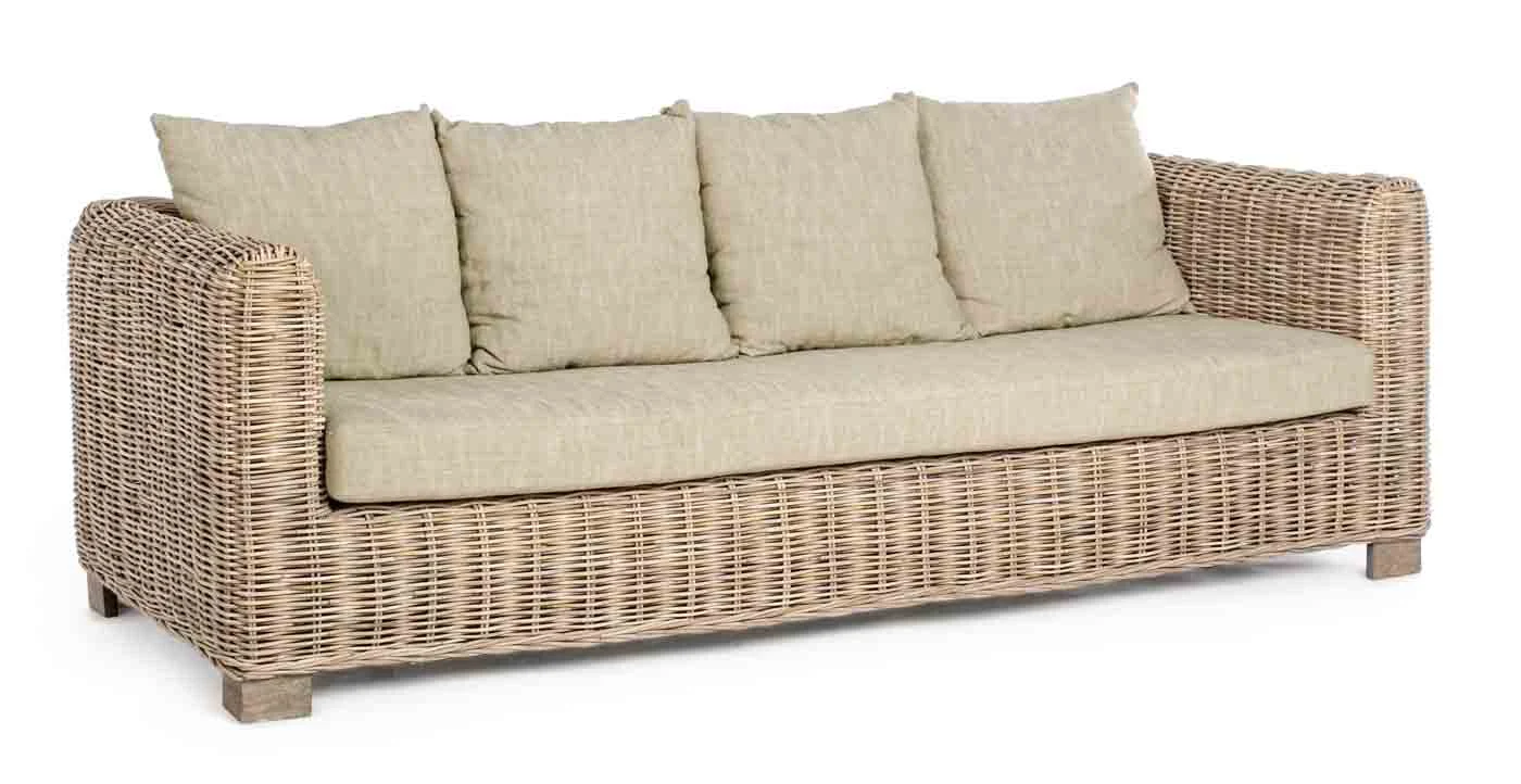 Sofa Rattan und Mangoholz, skandinavischer 3 Sitzer, Natur, abziehbare Kissen, Indoor - Bizzotto