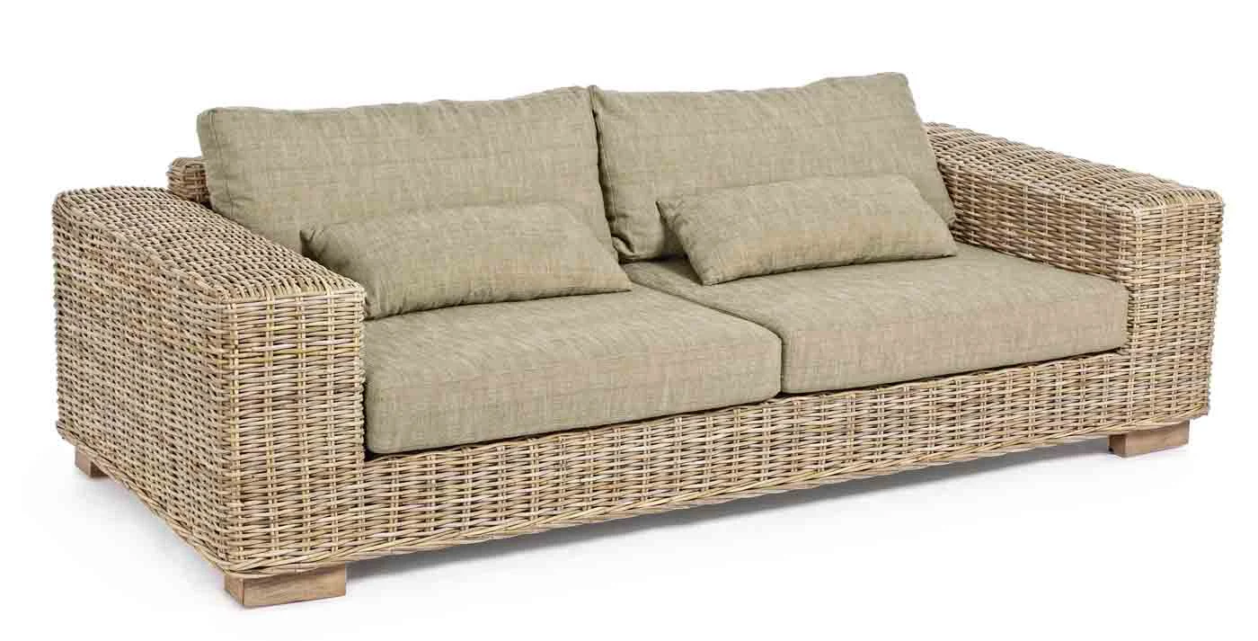 Rattansofa Leandro, Mango-Rattan mit abziehbaren Kissen, moderner 3,5 Sitzer, natur