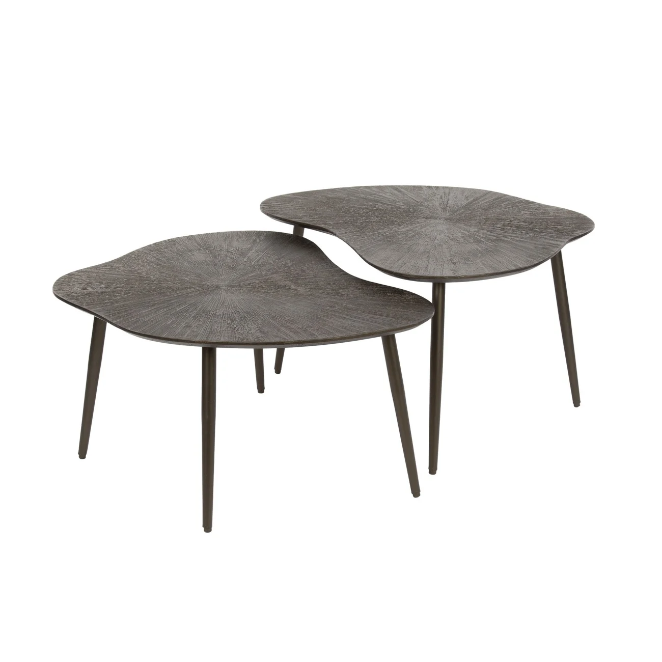 Couchtisch 2er-Set Taroya aus Metall mit Strahlenstruktur, modern, organische Form, braunbronze
