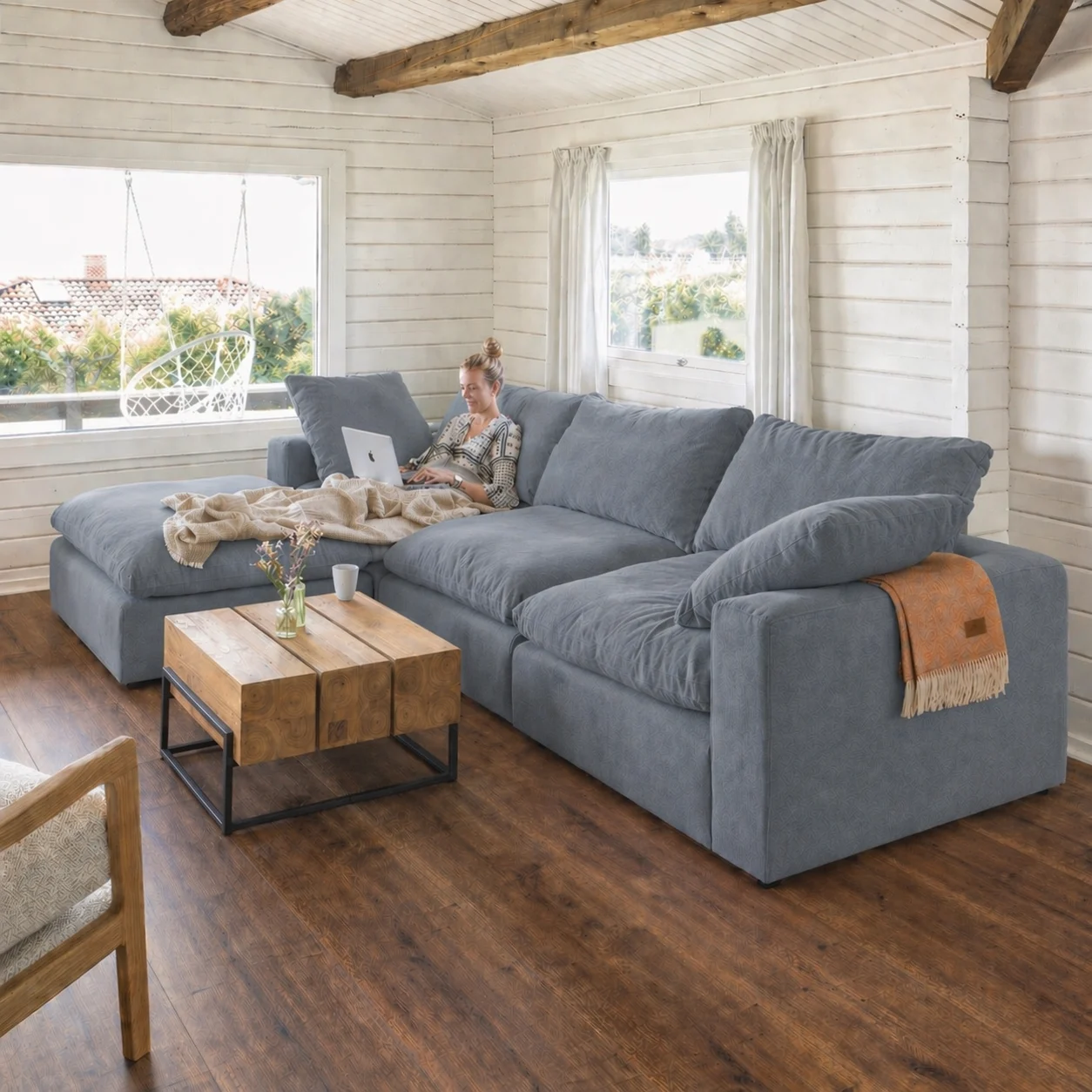 Lazy Modulsofa 3 Sitzer mit Chaiselongue Links, Stoff Shadow Sky - FASMAS