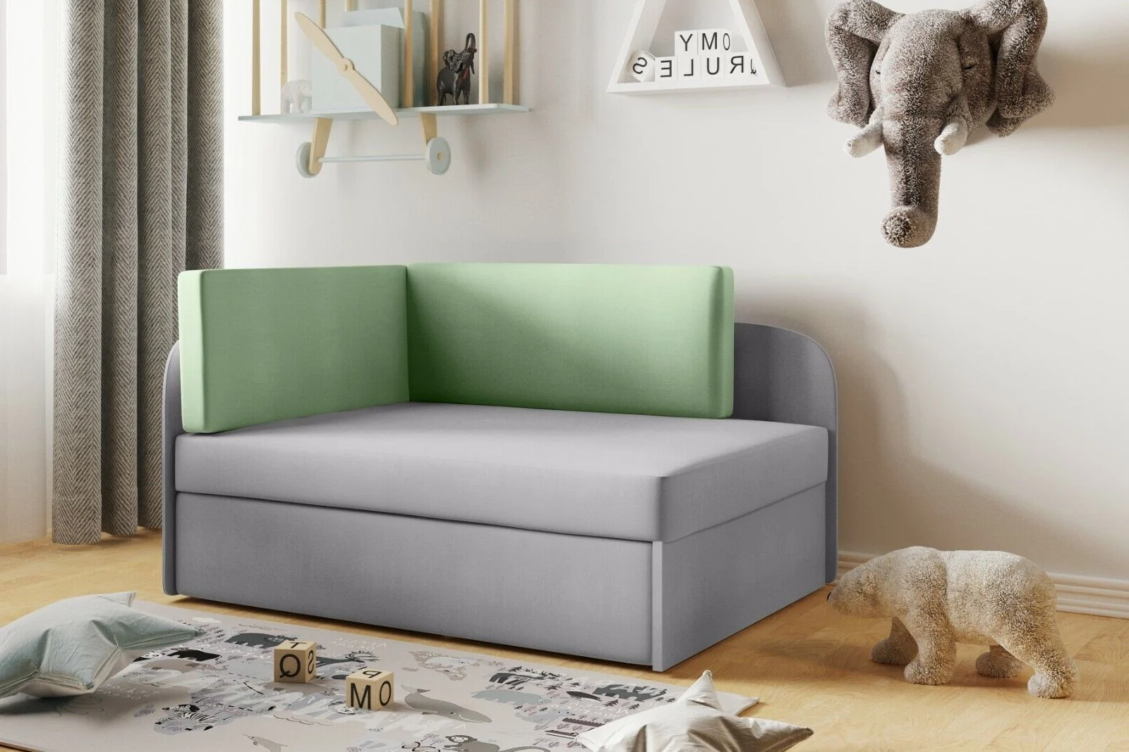 Kinderbett Kindersofa mit Schlaffunktion und Bettkasten, wachsendes Bett WINNIE Pfefferminz-Grau