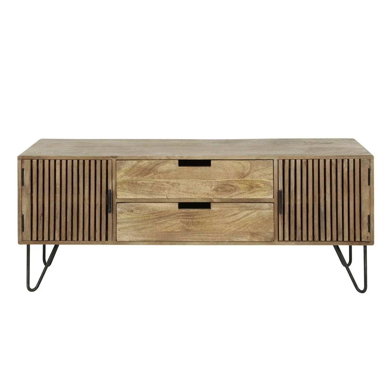 TV-Board Mangoholz massiv, modernes Lamellen Design, Braun Natur, 2 Schubladen, 2 Türen, 135 cm